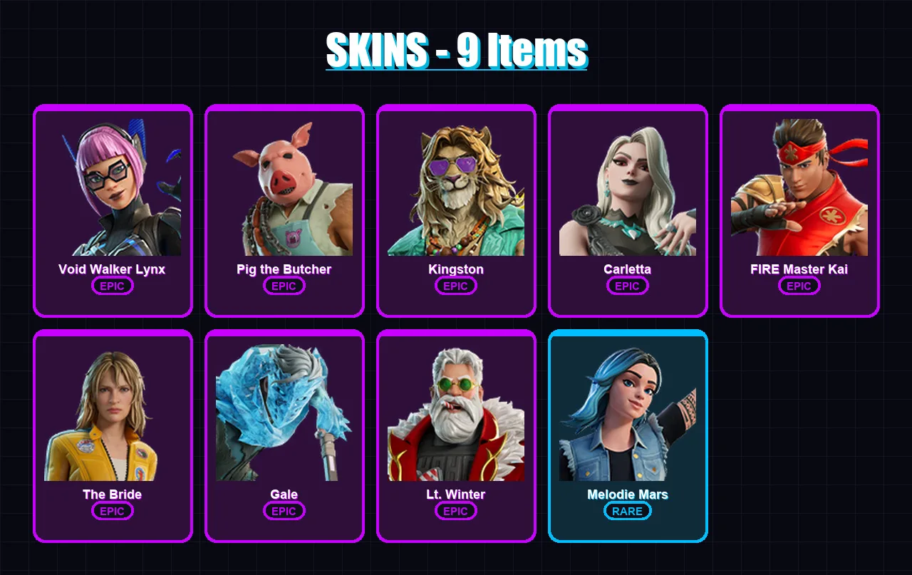[PC/XBOX/PSN] | Void Walker Lynx | Pig the Butcher | Kingston | Carletta | FIRE Master Kai | 9 skin | 12 pickaxe | 10 emote | 6 glider | Lv47