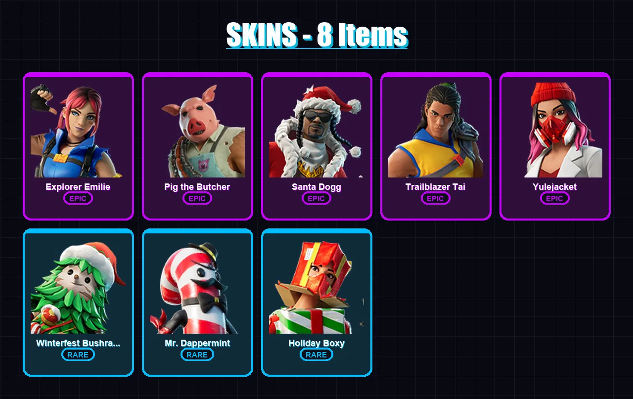 [PC] | Explorer Emilie | Pig the Butcher | Santa Dogg | Trailblazer Tai | Yulejacket | 8 skin | 19 pickaxe | 6 emote | 13 glider | Lv145