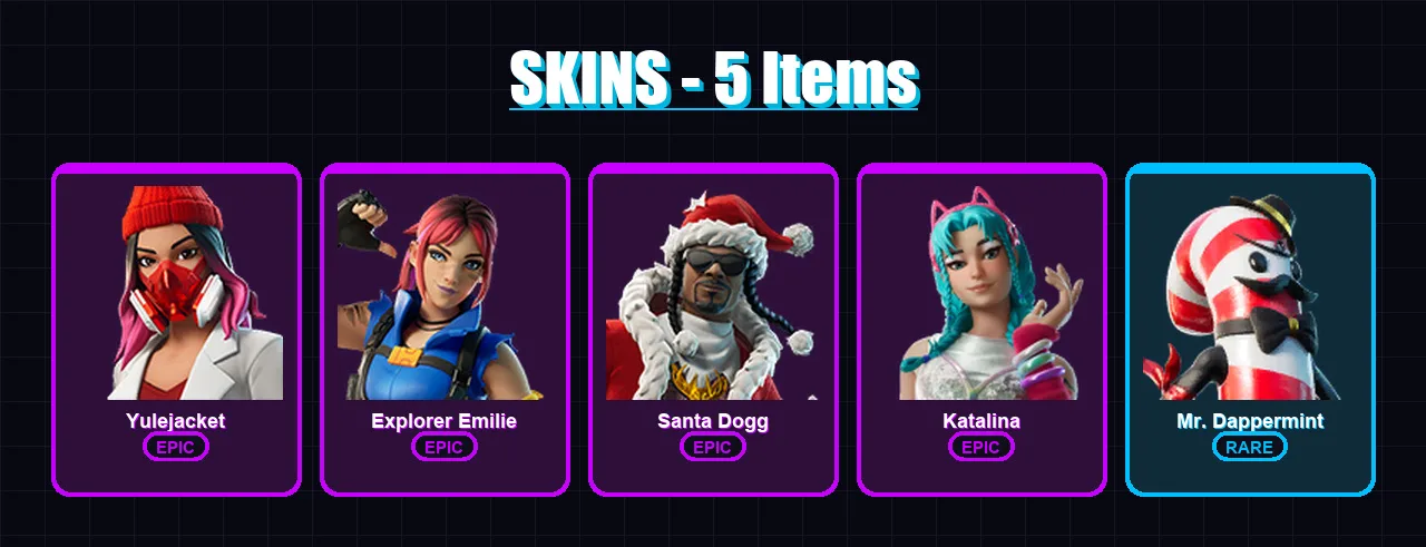 [PC/XBOX/PSN] | Yulejacket | Explorer Emilie | Santa Dogg | Katalina | Mr. Dappermint | 5 skin | 16 pickaxe | 6 emote | 11 glider | Lv107