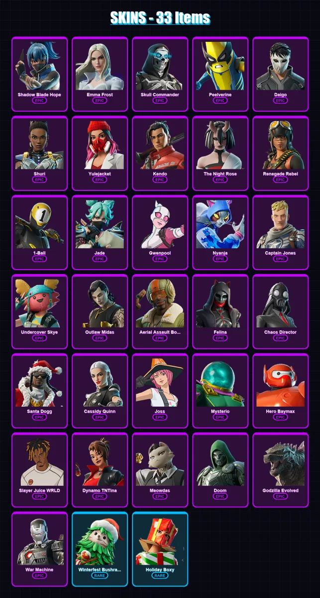 [PC/PSN] | Shadow Blade Hope | Emma Frost | Skull Commander | Peelverine | Daigo | 33 skin | 57 pickaxe | 37 emote | 44 glider | Lv618 — Fortnite account