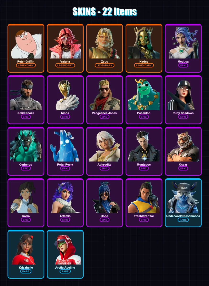 [PC/XBOX/PSN] | Peter Griffin | Valeria | Zeus | Hades | Medusa | 22 skin | 68 pickaxe | 50 emote | 55 glider | Lv1227