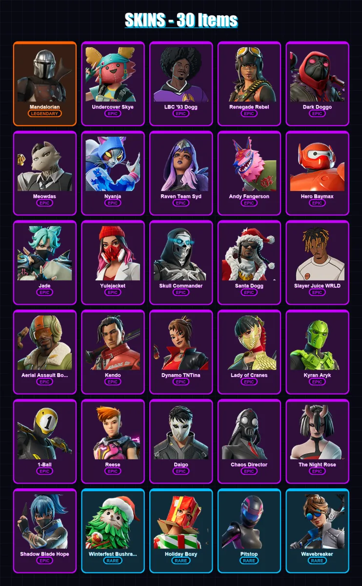 [PC/XBOX/PSN] | Mandalorian | Undercover Skye | LBC '93 Dogg | Renegade Rebel | Dark Doggo | 30 skin | 50 pickaxe | 24 emote | 32 glider | Lv305