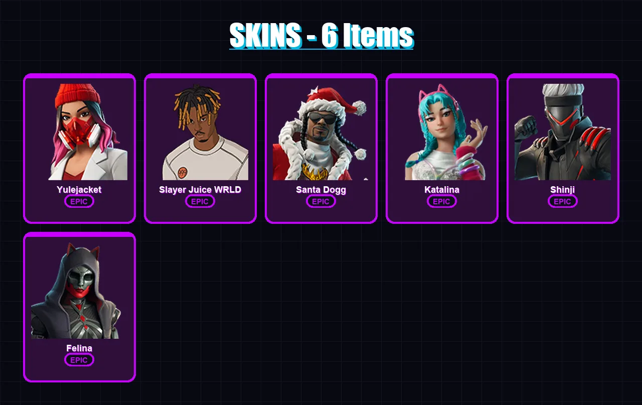 [PS4/PS5/XBOX/PC] | Yulejacket | Slayer Juice WRLD | Santa Dogg | Katalina | Shinji | 6 skin | 33 pickaxe | 13 emote | 24 glider | Lv358