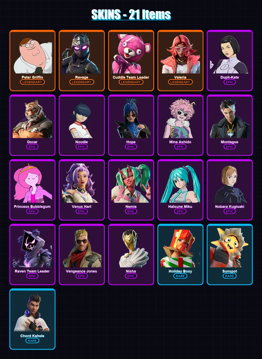 [PC/XBOX/PSN] | Peter Griffin | Ravage | Cuddle Team Leader | Valeria | Dupli-Kate | 21 skin | 28 pickaxe | 23 emote | 19 glider | Lv339