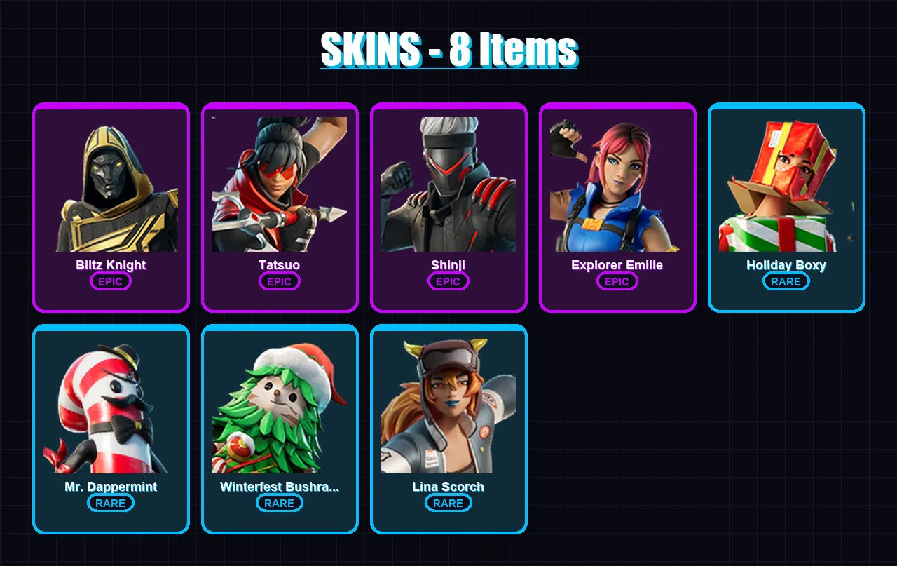 [PS4/PS5/XBOX/PC] | Blitz Knight | Tatsuo | Shinji | Explorer Emilie | Holiday Boxy | 8 skin | 19 pickaxe | 5 emote | 17 glider | Lv169