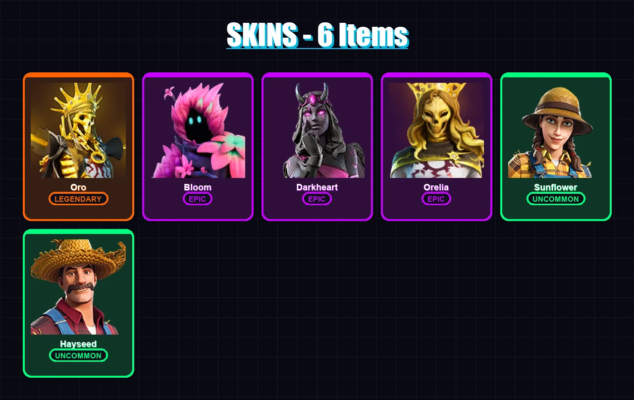 [PC/XBOX/PSN] | Oro | Bloom | Darkheart | Orelia | Sunflower | 6 skin | 6 pickaxe | 4 emote | 5 glider | Lv17