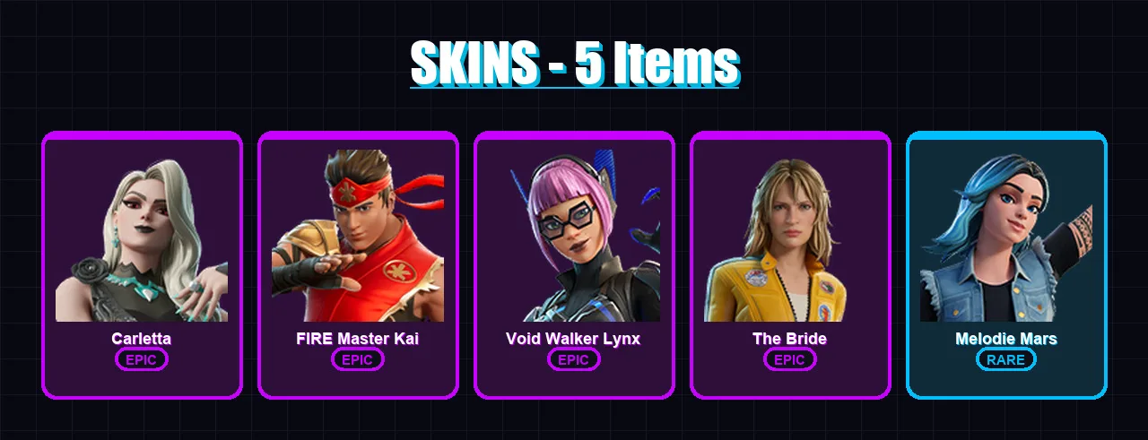 [PC/PSN] | Carletta | FIRE Master Kai | Void Walker Lynx | The Bride | Melodie Mars | 5 skin | 16 pickaxe | 8 emote | 16 glider | Lv146