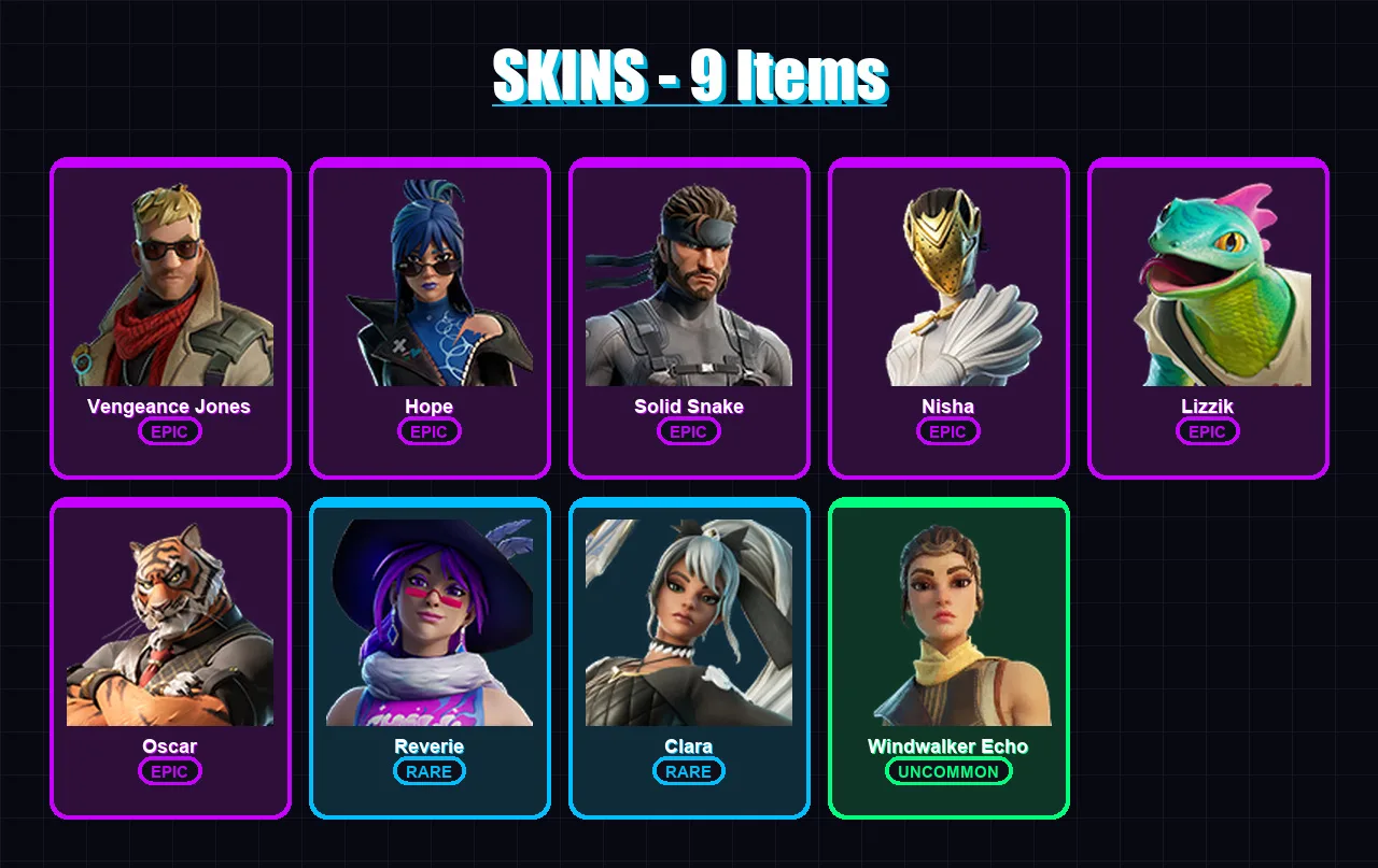 [PS4/PS5/XBOX/PC] | Vengeance Jones | Hope | Solid Snake | Nisha | Lizzik | 9 skin | 11 pickaxe | 6 emote | 8 glider | Lv67