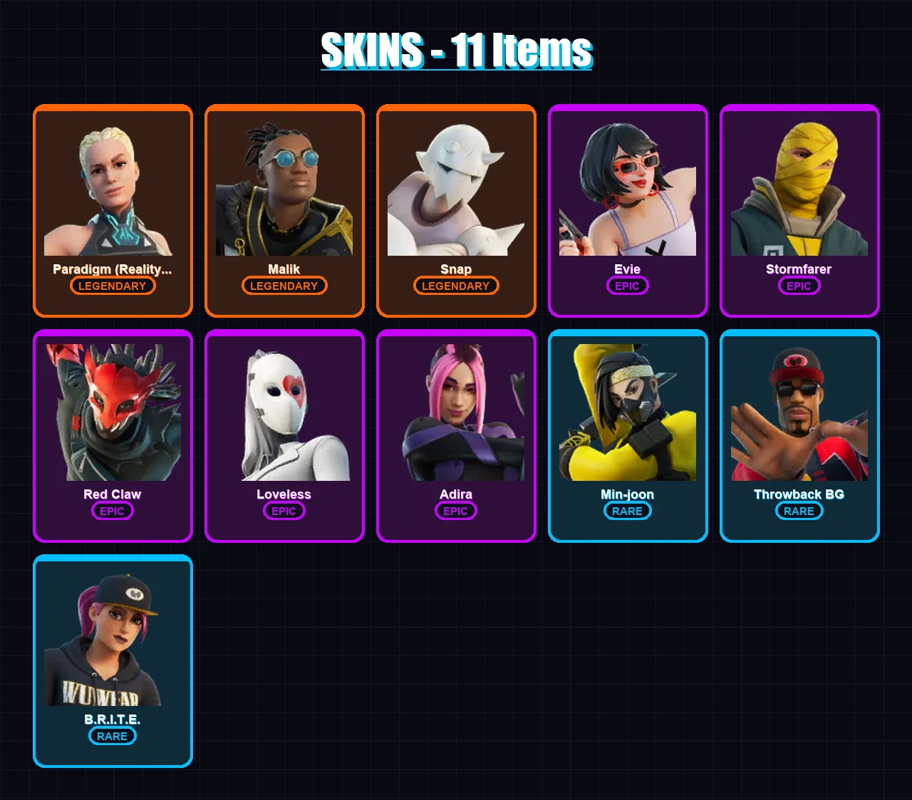 [PS4/PS5/XBOX/PC] | Paradigm (Reality-659) | Malik | Snap | Evie | Stormfarer | 11 skin | 18 pickaxe | 11 emote | 18 glider | Lv195