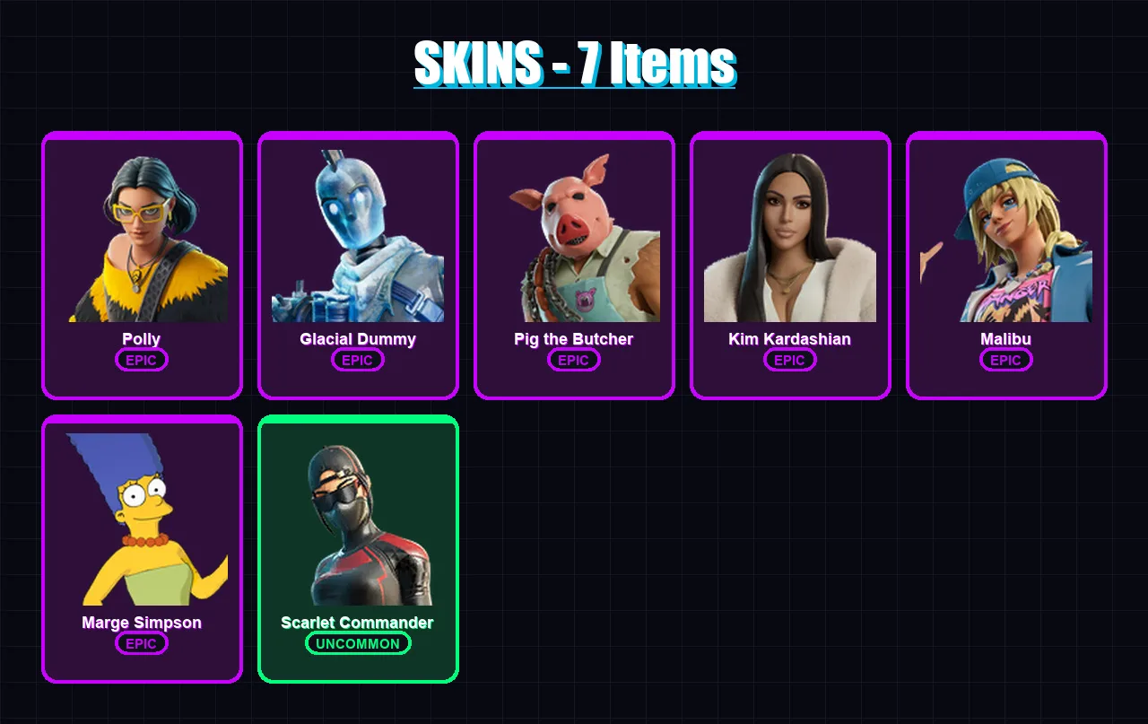 [PC/XBOX/PSN] | Polly | Glacial Dummy | Pig the Butcher | Kim Kardashian | Malibu | 7 skin | 19 pickaxe | 9 emote | 11 glider | Lv115