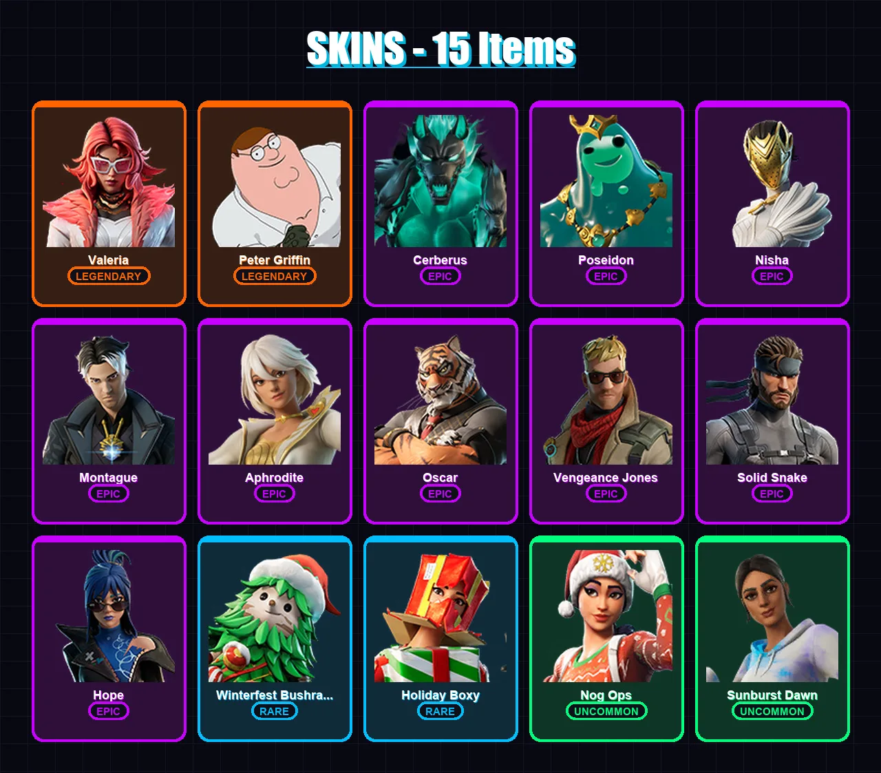[PC/XBOX/PSN] | Valeria | Peter Griffin | Cerberus | Poseidon | Nisha | 15 skin | 15 pickaxe | 23 emote | 17 glider | Lv306