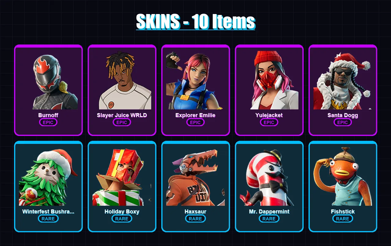 [PS4/PS5/PC] | Burnoff | Slayer Juice WRLD | Explorer Emilie | Yulejacket | Santa Dogg | 10 skin | 45 pickaxe | 23 emote | 29 glider | Lv599