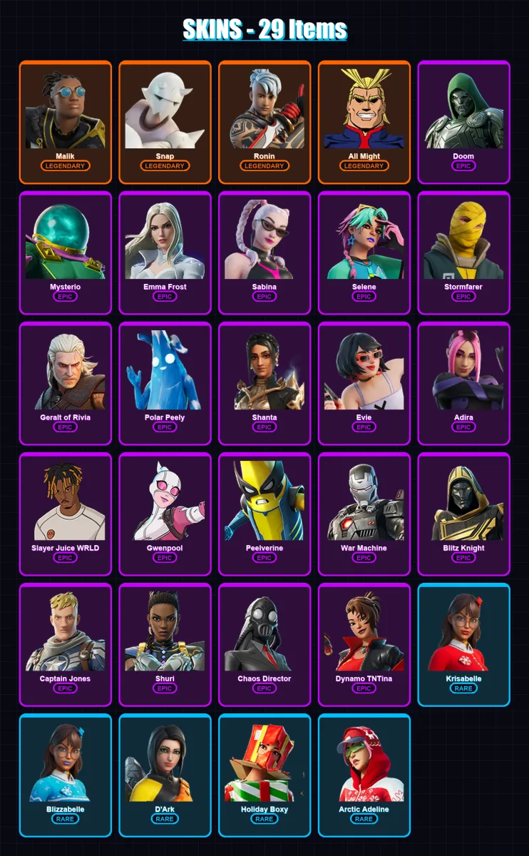 [PS4/PS5/XBOX/PC] | Malik | Snap | Ronin | All Might | Doom | 29 skin | 58 pickaxe | 39 emote | 51 glider | Lv631