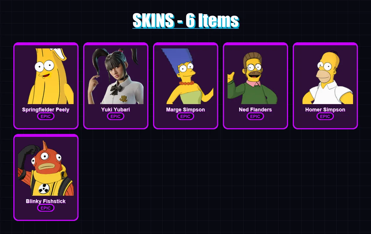 [PC/XBOX/PSN] | Springfielder Peely | Yuki Yubari | Marge Simpson | Ned Flanders | Homer Simpson | 6 skin | 15 pickaxe | 12 emote | 16 glider | Lv14