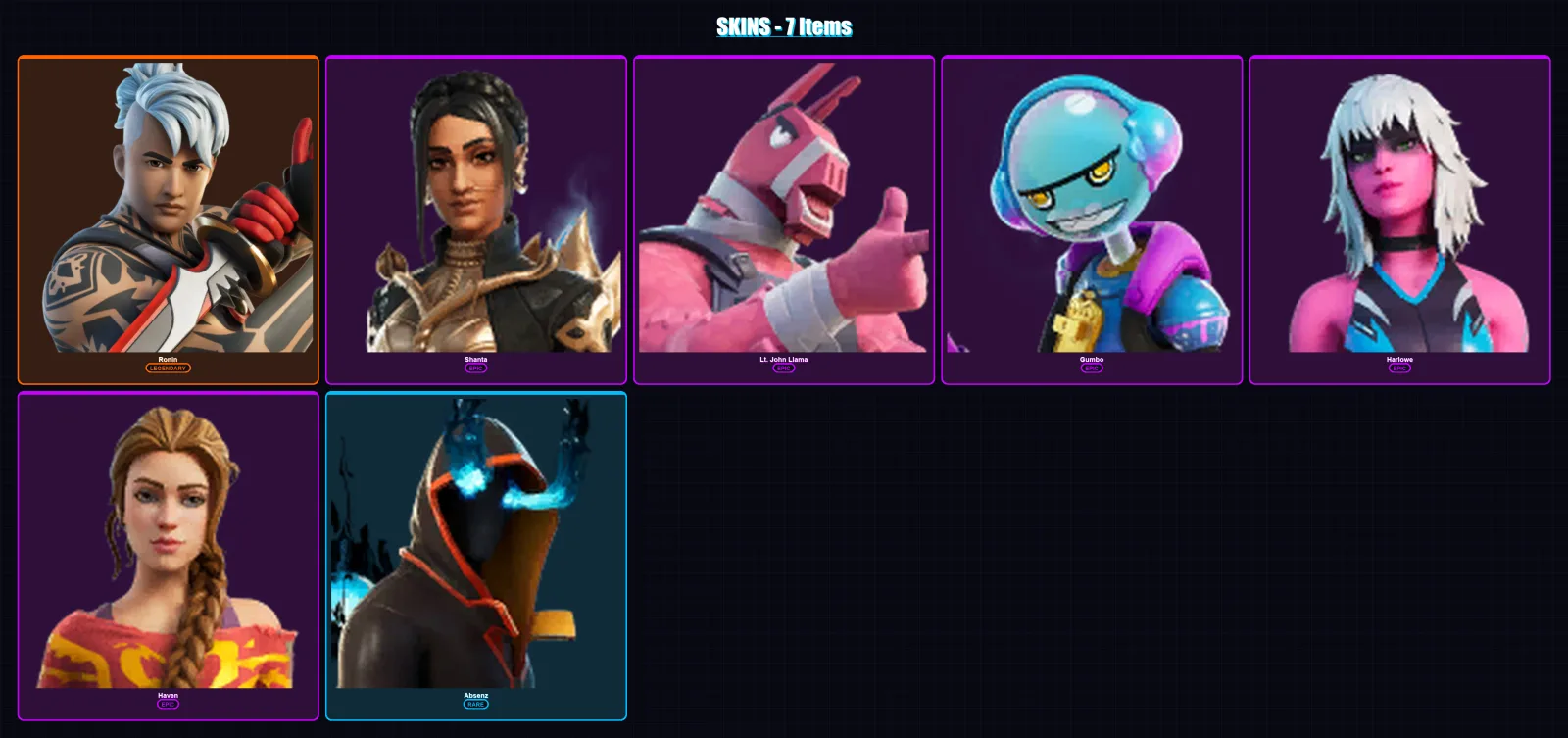 [PC/PSN] | Ronin | Shanta | Lt. John Llama | Gumbo | Harlowe | 7 skin | 12 pickaxe | 12 emote | 9 glider | Lv125