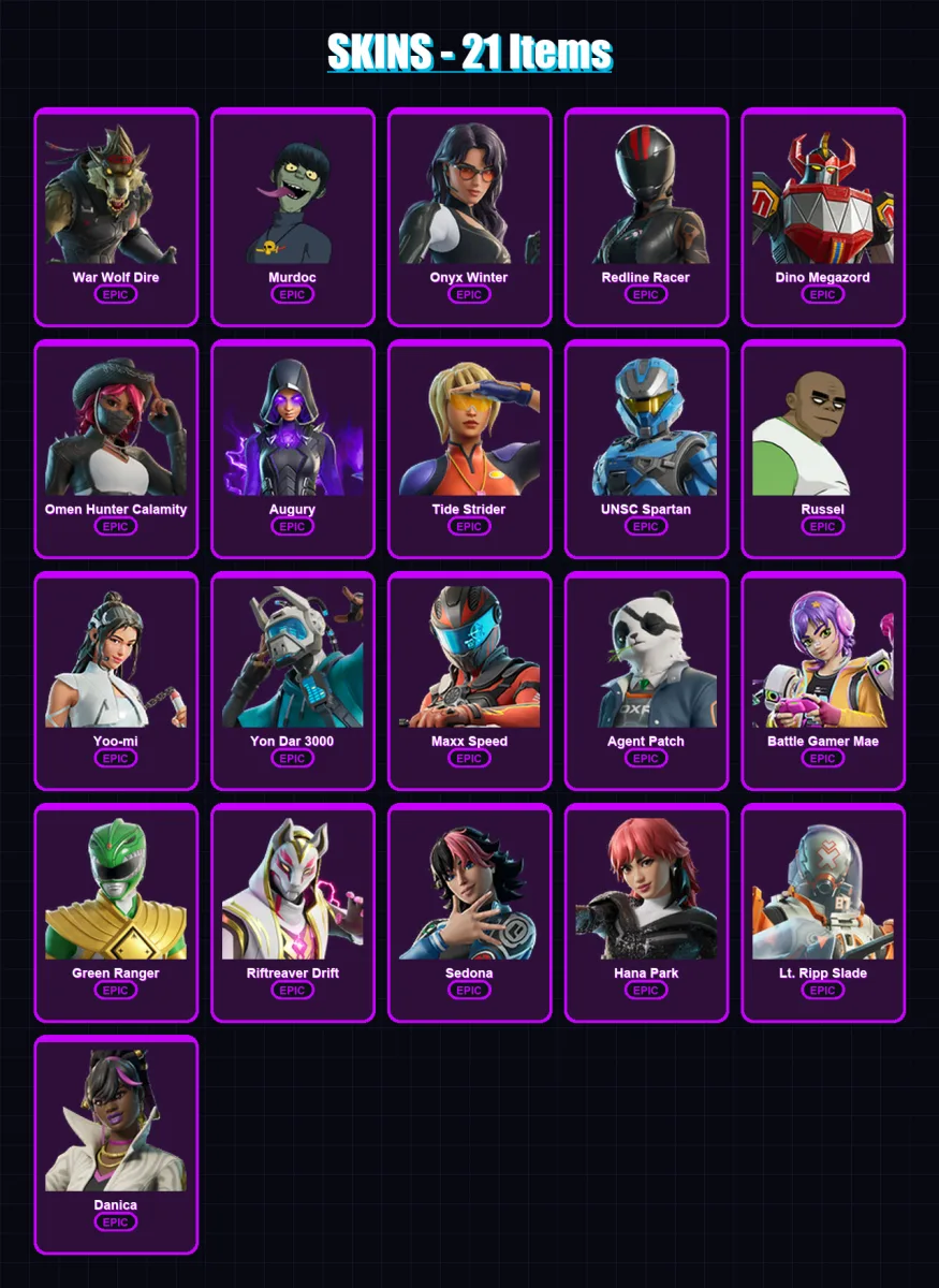 [PC/XBOX/PSN] | War Wolf Dire | Murdoc | Onyx Winter | Redline Racer | Dino Megazord | 21 skin | 39 pickaxe | 28 emote | 22 glider | Lv270