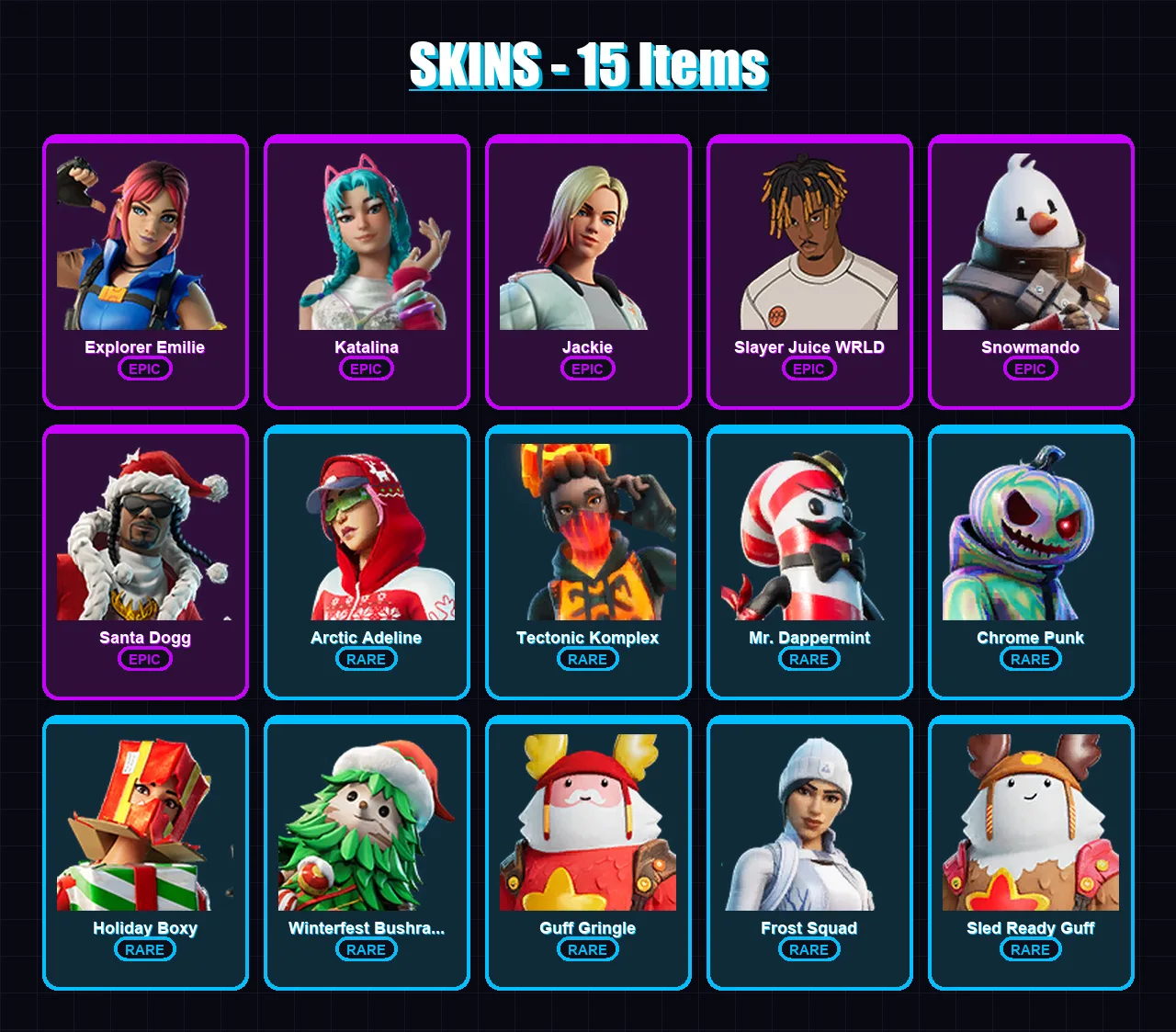 [PC/XBOX/PSN] | Explorer Emilie | Katalina | Jackie | Slayer Juice WRLD | Snowmando | 15 skin | 42 pickaxe | 28 emote | 42 glider | Lv752