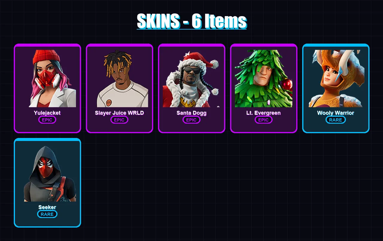 [PC/XBOX/PSN] | Yulejacket | Slayer Juice WRLD | Santa Dogg | Lt. Evergreen | Wooly Warrior | 6 skin | 18 pickaxe | 15 emote | 14 glider | Lv245