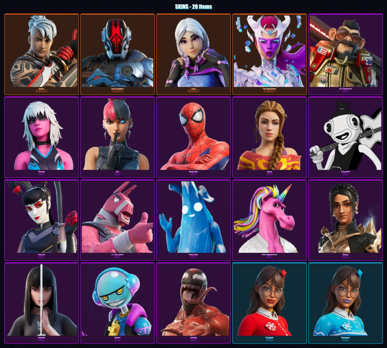 [PC/XBOX/PSN] | Ronin | The Foundation | Torin | The Cube Queen | J.B. Chimpanski | 20 skin | 20 pickaxe | 13 emote | 21 glider | Lv244