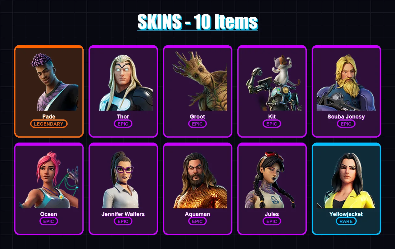[PC/XBOX/PSN] | Fade | Thor | Groot | Kit | Scuba Jonesy | 10 skin | 14 pickaxe | 9 emote | 16 glider | Lv217