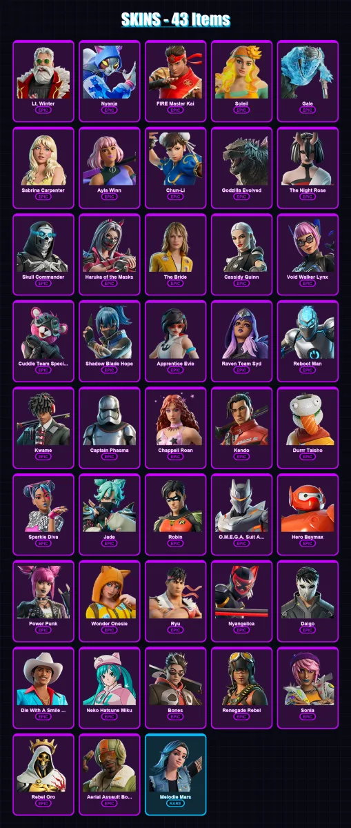 [PC/XBOX/PSN] | Lt. Winter | Nyanja | FIRE Master Kai | Soleil | Gale | 43 skin | 35 pickaxe | 26 emote | 21 glider | Lv127
