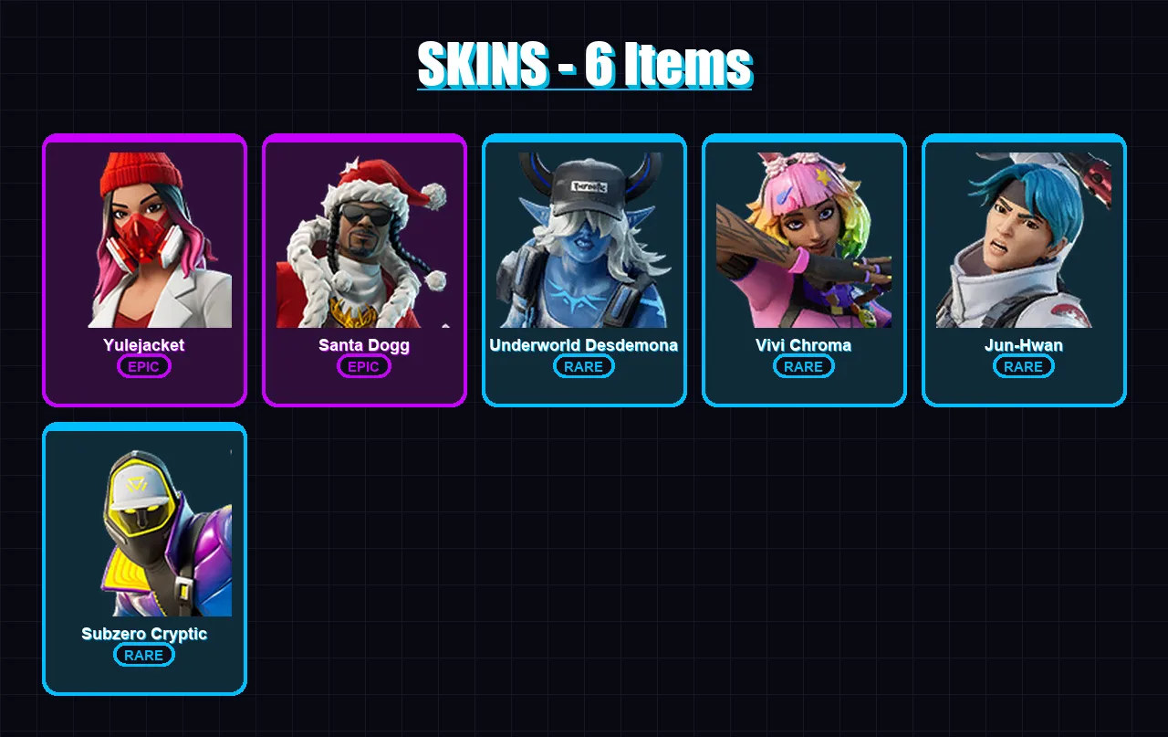 [PS4/PS5/XBOX/PC] | Yulejacket | Santa Dogg | Underworld Desdemona | Vivi Chroma | Jun-Hwan | 6 skin | 30 pickaxe | 17 emote | 21 glider | Lv293