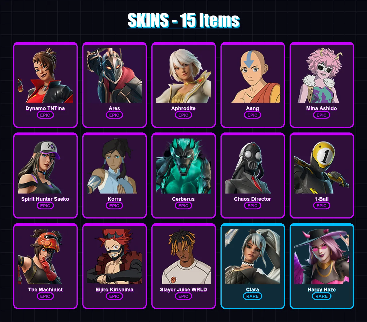 [PC/PSN] | Dynamo TNTina | Ares | Aphrodite | Aang | Mina Ashido | 15 skin | 16 pickaxe | 9 emote | 13 glider | Lv70