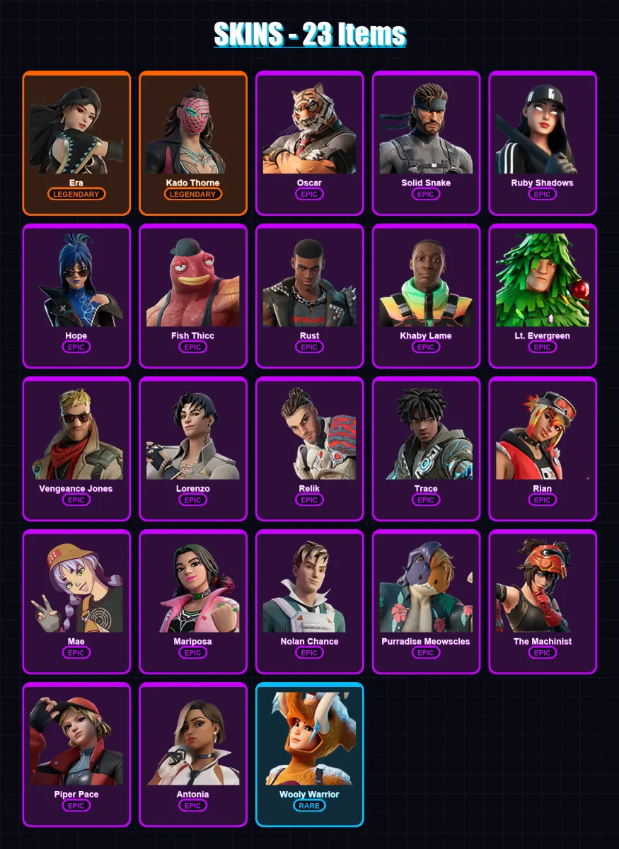 [PC/XBOX/PSN] | Era | Kado Thorne | Oscar | Solid Snake | Ruby Shadows | 23 skin | 32 pickaxe | 29 emote | 37 glider | Lv405