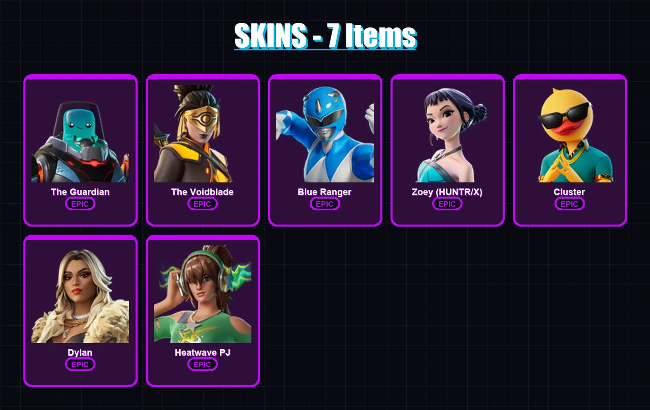 [PC/XBOX/PSN] | The Guardian | The Voidblade | Blue Ranger | Zoey (HUNTR/X) | Cluster | 7 skin | 18 pickaxe | 17 emote | 15 glider | Lv130