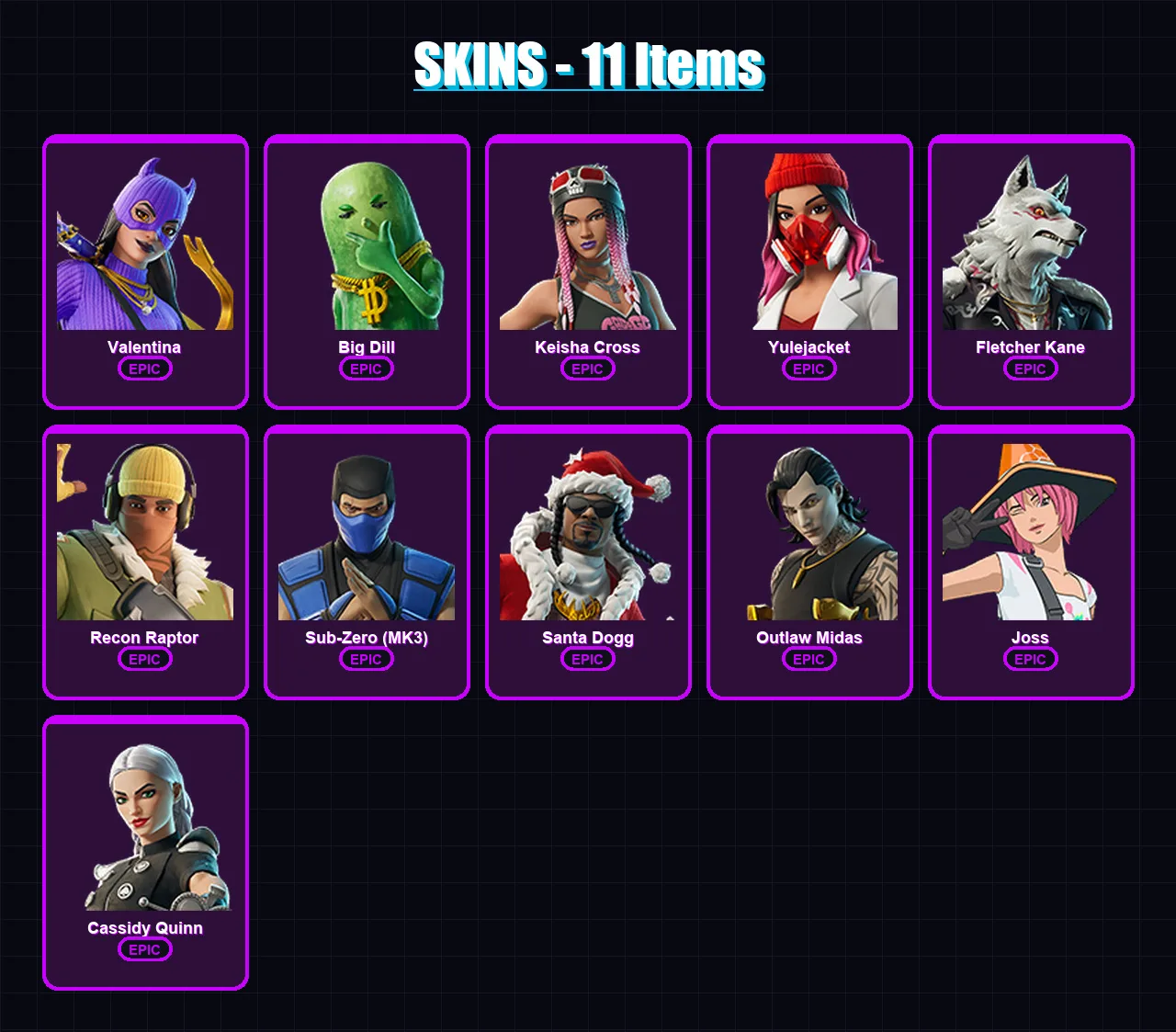 [PC/XBOX] | Valentina | Big Dill | Keisha Cross | Yulejacket | Fletcher Kane | 11 skin | 29 pickaxe | 15 emote | 20 glider | Lv308