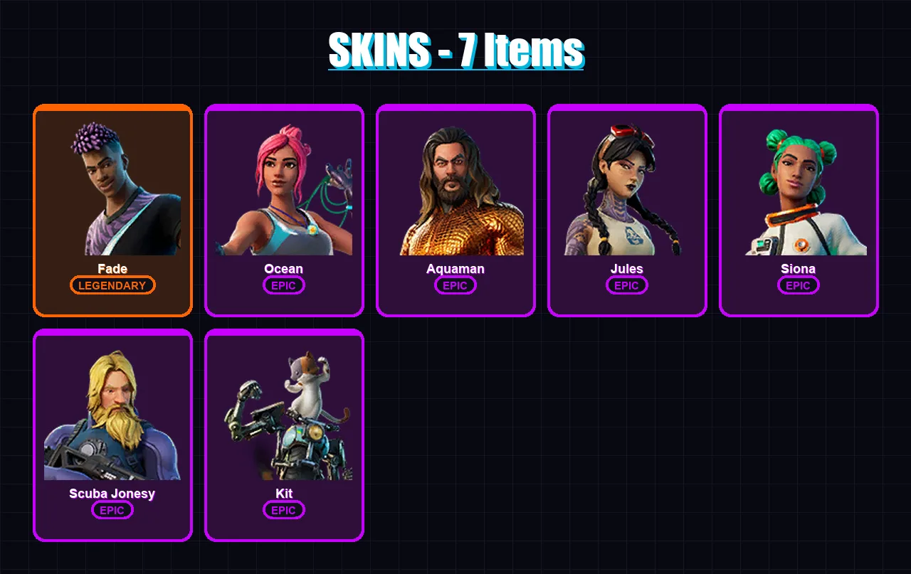 [PC/XBOX] | Fade | Ocean | Aquaman | Jules | Siona | 7 skin | 15 pickaxe | 16 emote | 18 glider | Lv311