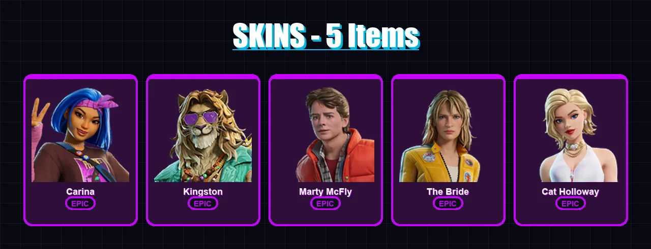 [PC/XBOX] | Carina | Kingston | Marty McFly | The Bride | Cat Holloway | 5 skin | 13 pickaxe | 9 emote | 10 glider | Lv67