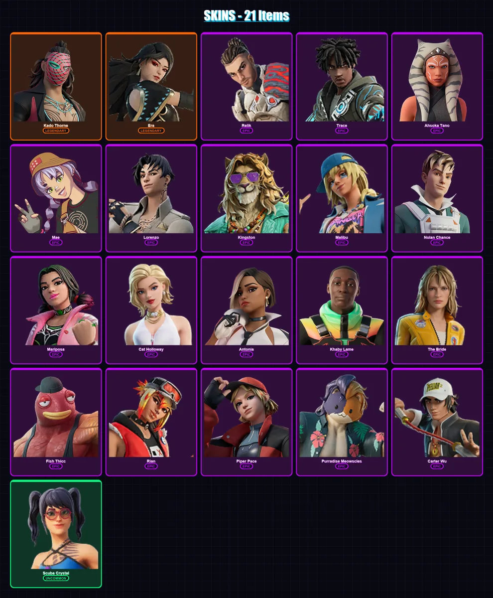 [PC/XBOX/PSN] | Kado Thorne | Era | Relik | Trace | Ahsoka Tano | 21 skin | 39 pickaxe | 37 emote | 32 glider | Lv426 — Fortnite account