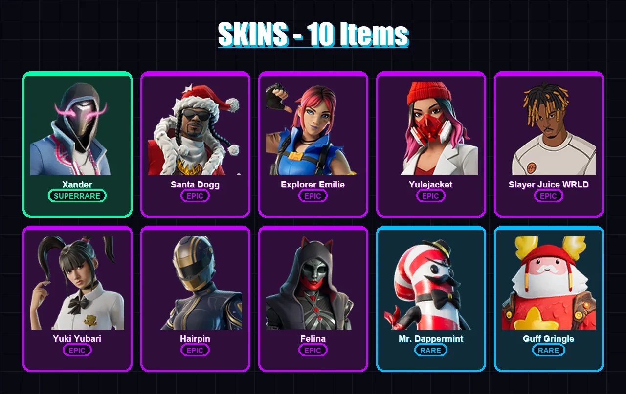 [PC/XBOX] | Xander | Santa Dogg | Explorer Emilie | Yulejacket | Slayer Juice WRLD | 10 skin | 41 pickaxe | 16 emote | 33 glider | Lv553