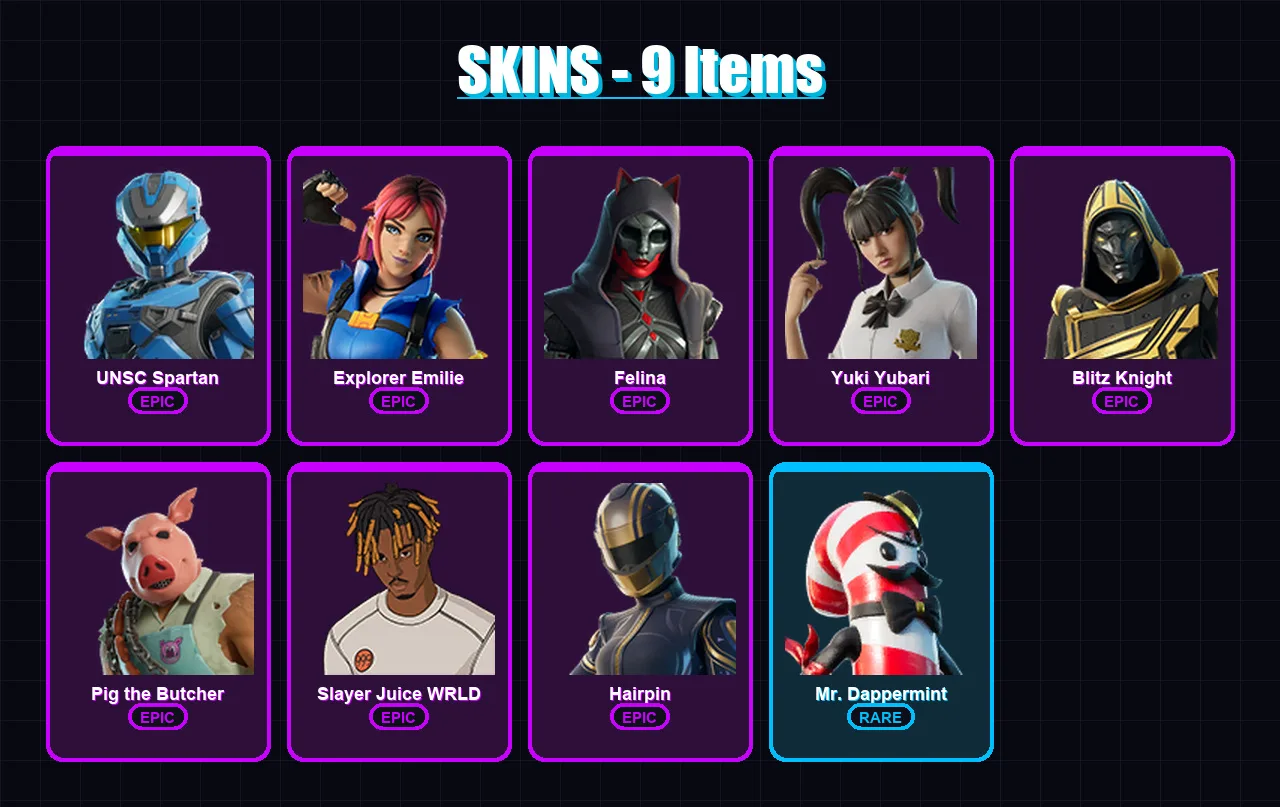 [PC/PSN] | UNSC Spartan | Explorer Emilie | Felina | Yuki Yubari | Blitz Knight | 9 skin | 41 pickaxe | 16 emote | 25 glider | Lv415