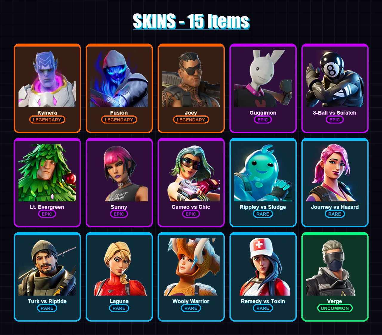 [PC/XBOX/PSN] | Kymera | Fusion | Joey | Guggimon | 8-Ball vs Scratch | 15 skin | 30 pickaxe | 34 emote | 30 glider | Lv531
