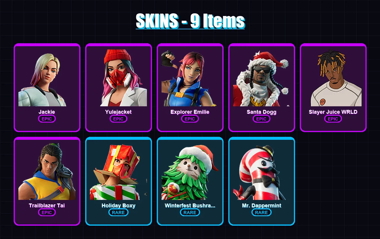 [PC/XBOX/PSN] | Jackie | Yulejacket | Explorer Emilie | Santa Dogg | Slayer Juice WRLD | 9 skin | 22 pickaxe | 10 emote | 22 glider | Lv370
