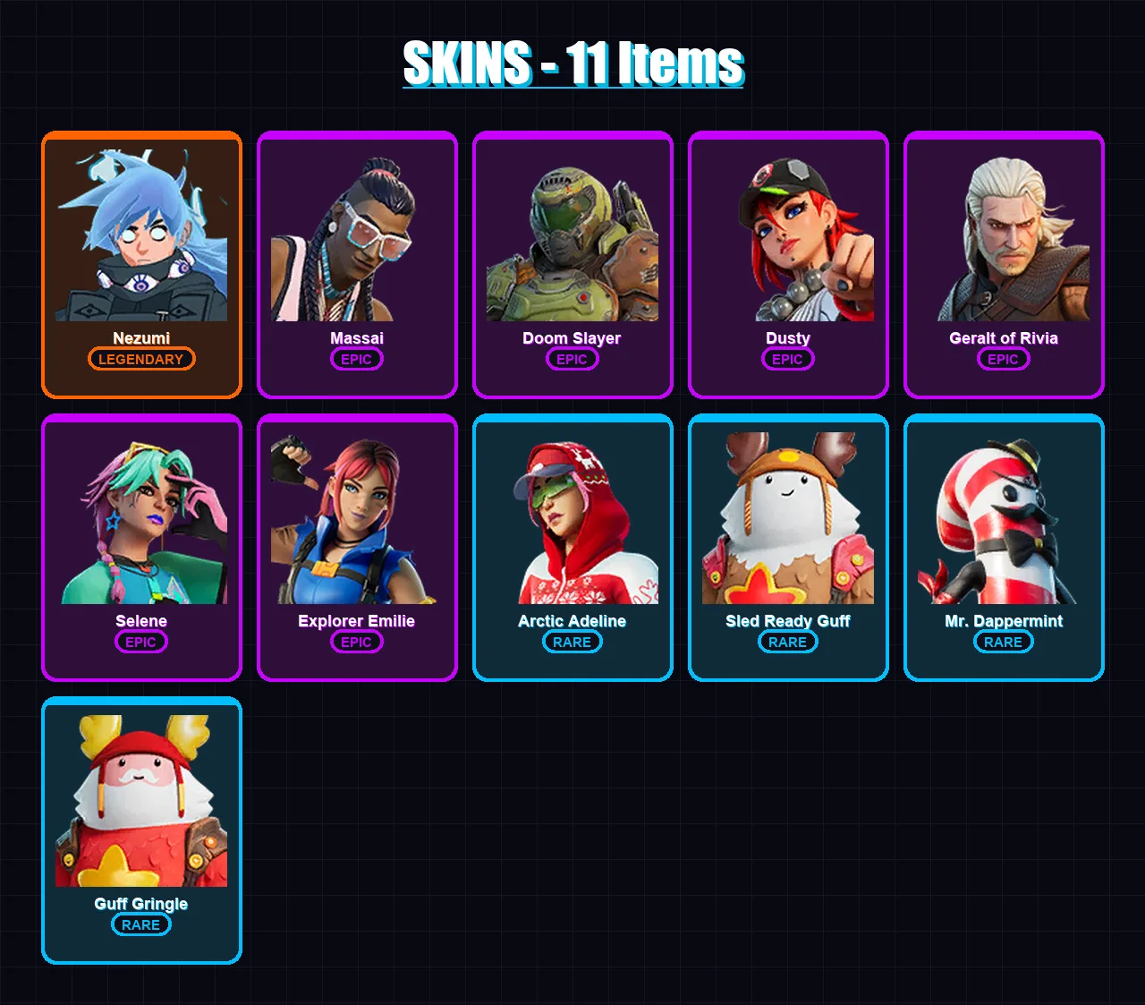 [PC/XBOX/PSN] | Nezumi | Massai | Doom Slayer | Dusty | Geralt of Rivia | 11 skin | 14 pickaxe | 12 emote | 18 glider | Lv110