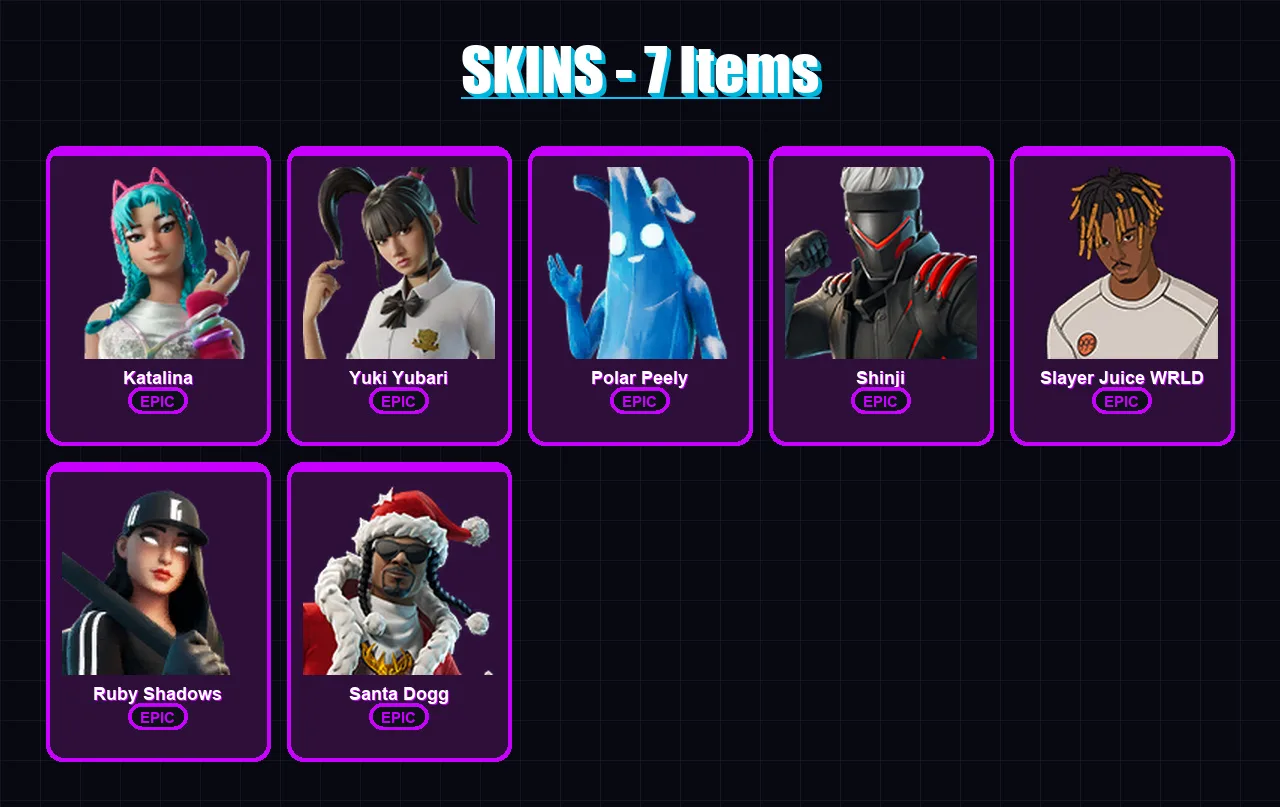 [PS4/PS5/XBOX/PC] | Katalina | Yuki Yubari | Polar Peely | Shinji | Slayer Juice WRLD | 7 skin | 23 pickaxe | 15 emote | 16 glider | Lv235