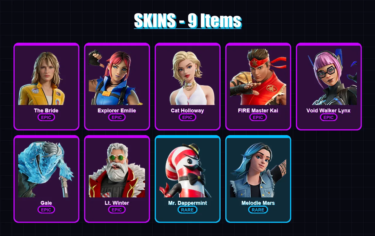 [PC/XBOX/PSN] | The Bride | Explorer Emilie | Cat Holloway | FIRE Master Kai | Void Walker Lynx | 9 skin | 9 pickaxe | 6 emote | 8 glider | Lv25