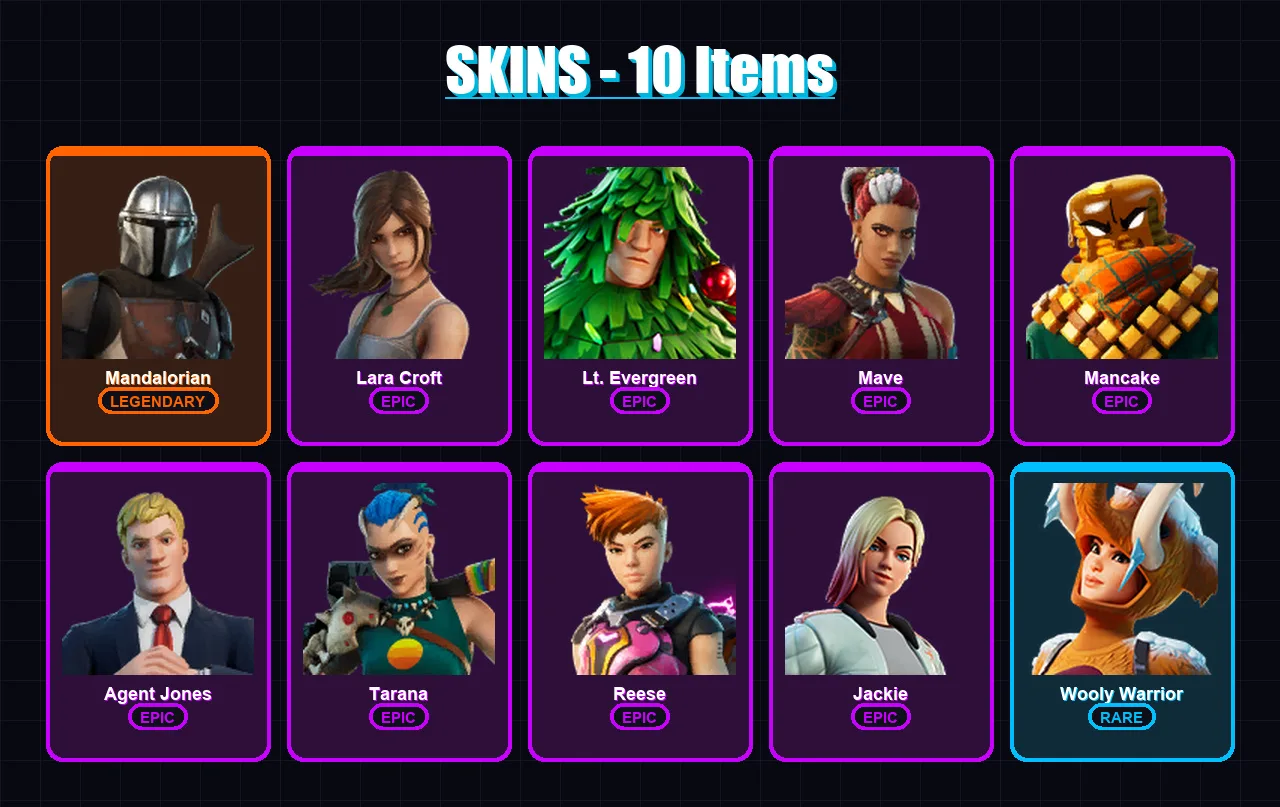 [PC/PSN] | Mandalorian | Lara Croft | Lt. Evergreen | Mave | Mancake | 10 skin | 41 pickaxe | 18 emote | 29 glider | Lv379
