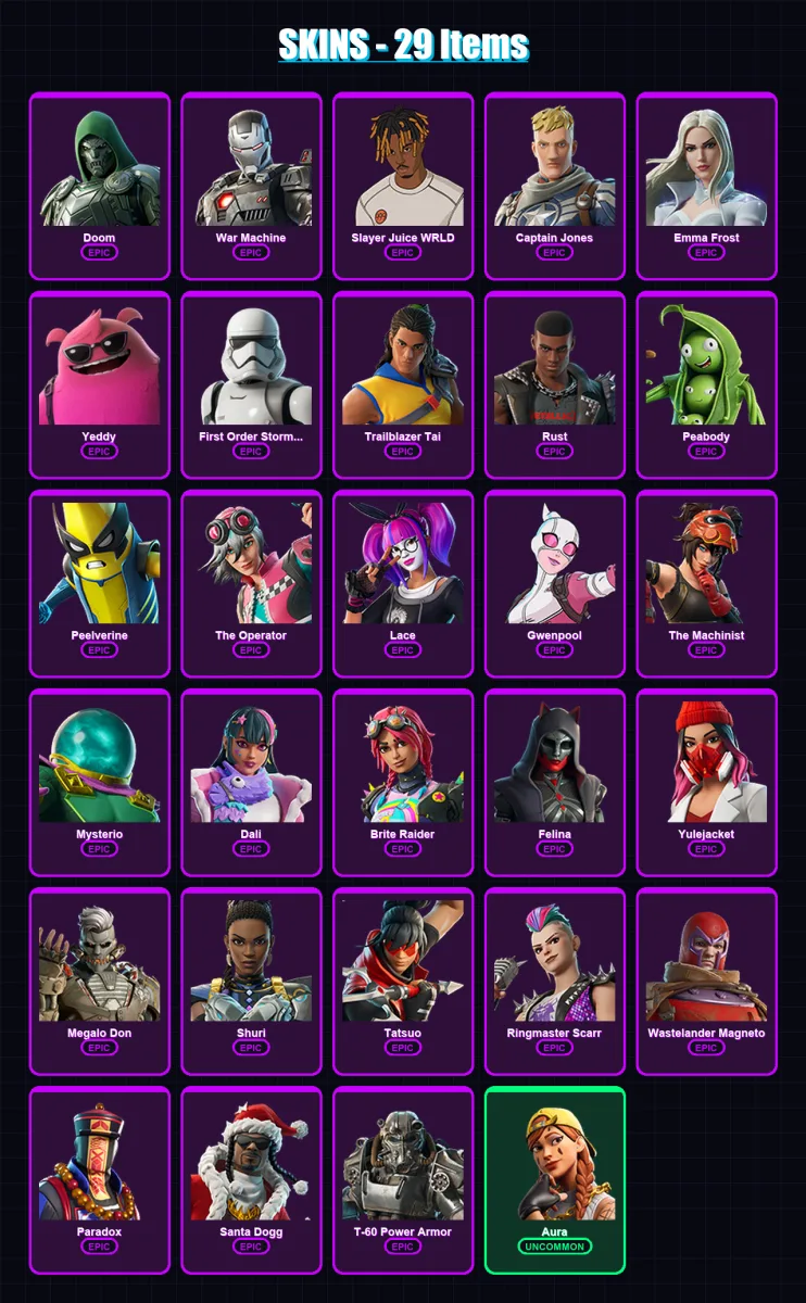 [PC/XBOX] | Doom | War Machine | Slayer Juice WRLD | Captain Jones | Emma Frost | 29 skin | 76 pickaxe | 44 emote | 51 glider | Lv700