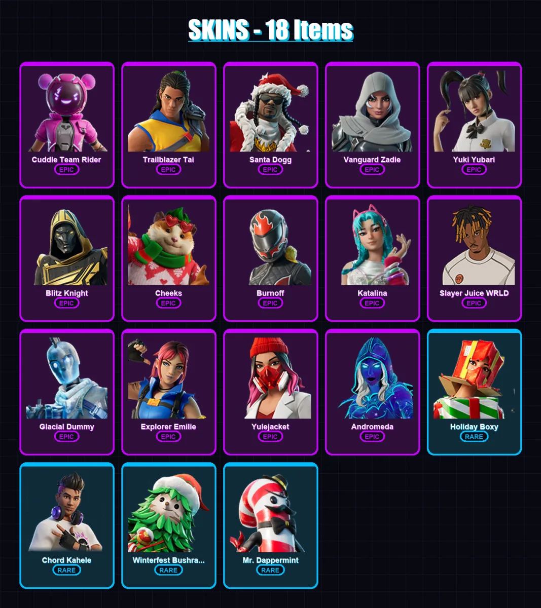 [PC/XBOX] | Cuddle Team Rider | Trailblazer Tai | Santa Dogg | Vanguard Zadie | Yuki Yubari | 18 skin | 47 pickaxe | 18 emote | 19 glider | Lv249 — Fortnite account