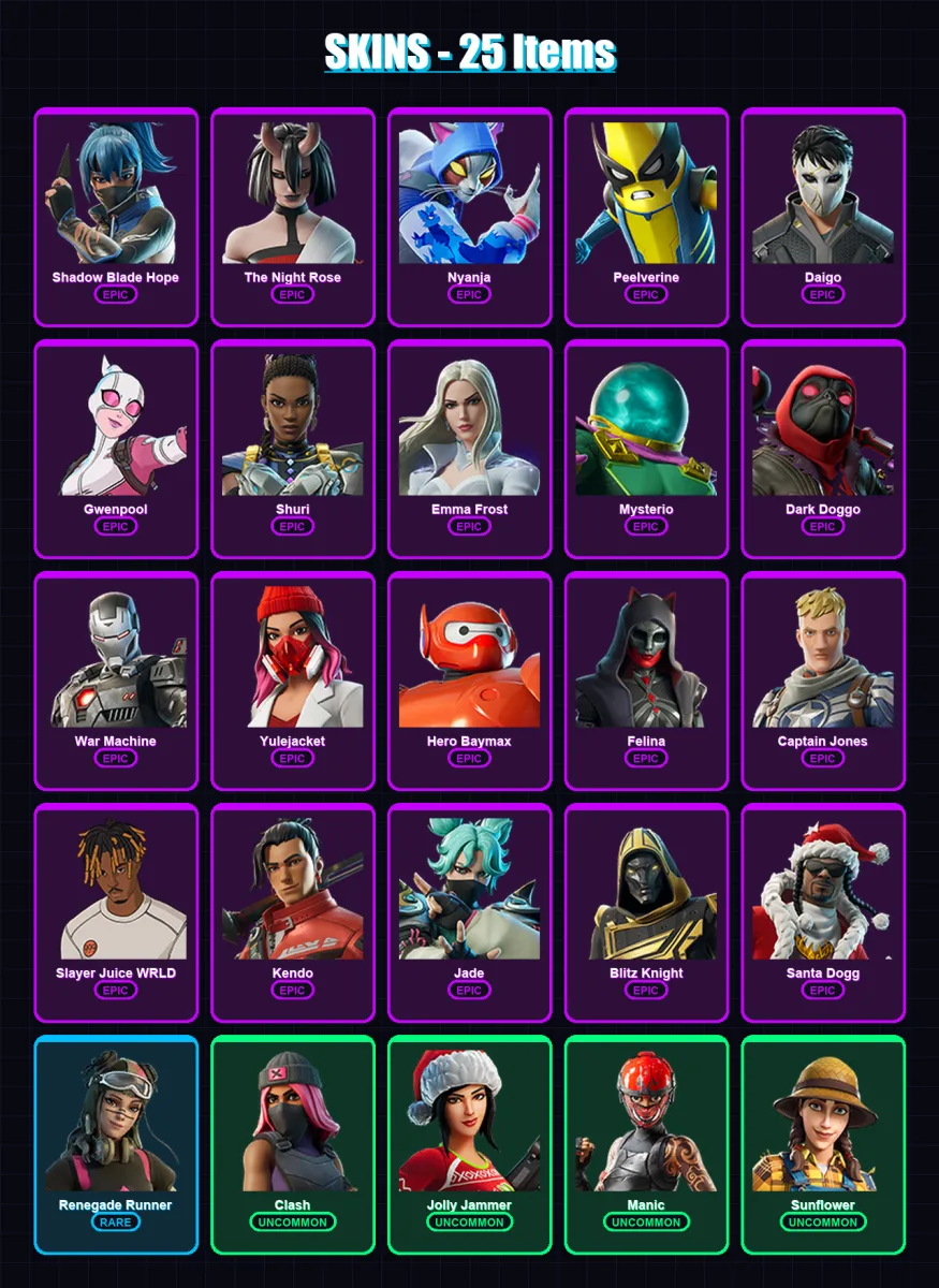 [PC/PSN] | Shadow Blade Hope | The Night Rose | Nyanja | Peelverine | Daigo | 25 skin | 63 pickaxe | 39 emote | 37 glider | Lv539