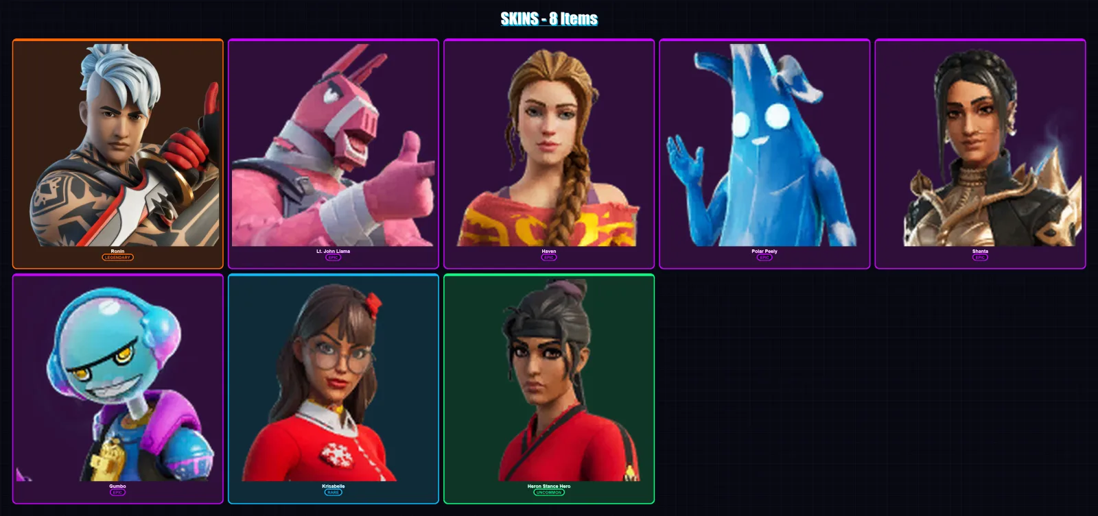 [PC/XBOX/PSN] | Ronin | Lt. John Llama | Haven | Polar Peely | Shanta | 8 skin | 11 pickaxe | 9 emote | 10 glider | Lv93