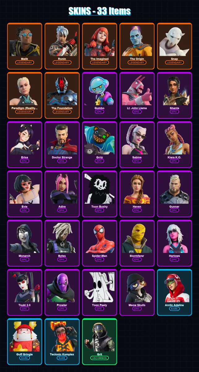 [PC/XBOX/PSN] | Malik | Ronin | The Imagined | The Origin | Snap | 33 skin | 34 pickaxe | 25 emote | 36 glider | Lv480