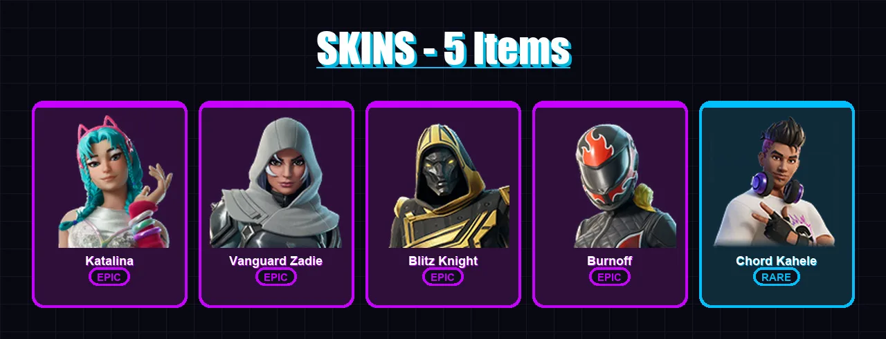 [PC/XBOX/PSN] | Katalina | Vanguard Zadie | Blitz Knight | Burnoff | Chord Kahele | 5 skin | 49 pickaxe | 20 emote | 33 glider | Lv592