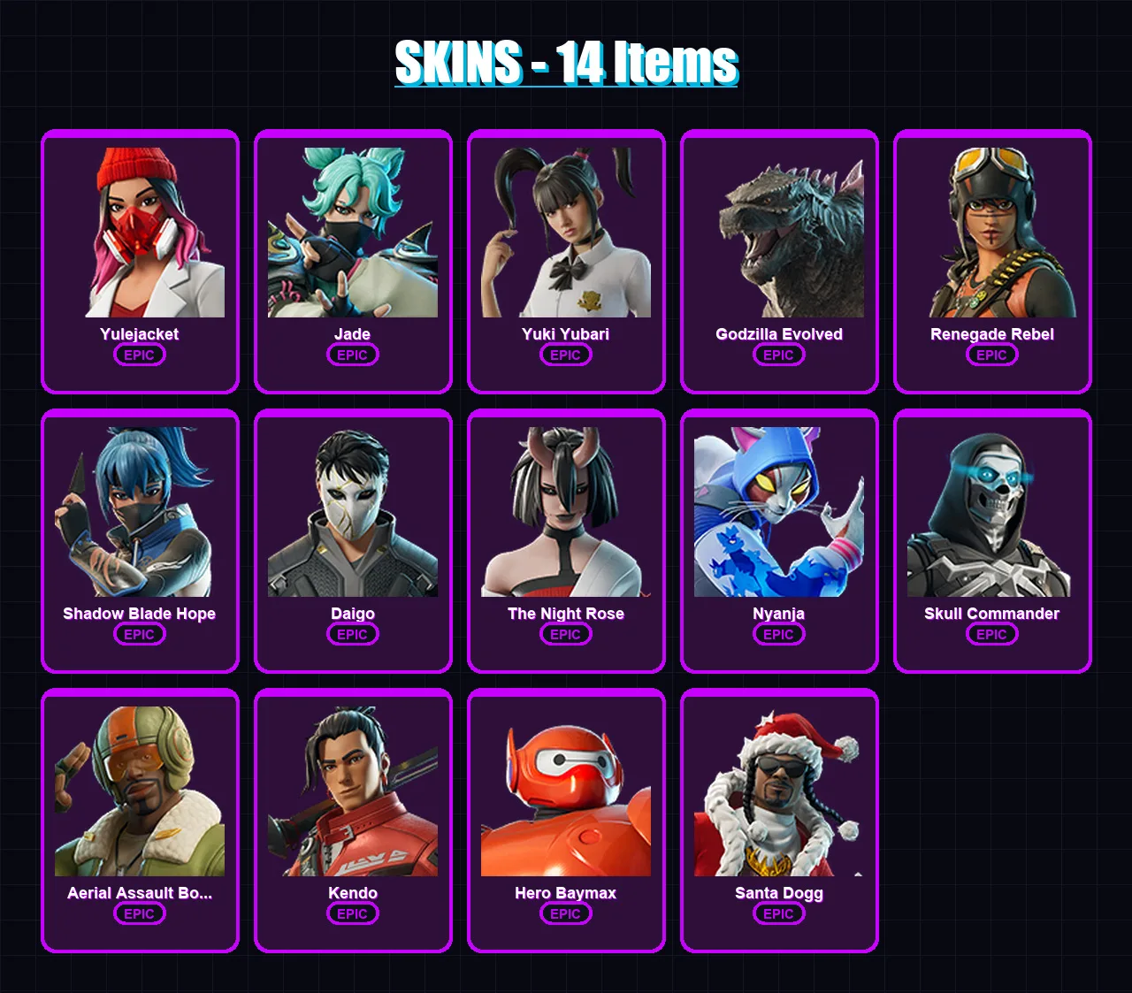 [PC/XBOX/PSN] | Yulejacket | Jade | Yuki Yubari | Godzilla Evolved | Renegade Rebel | 14 skin | 63 pickaxe | 30 emote | 41 glider | Lv600 — Fortnite account