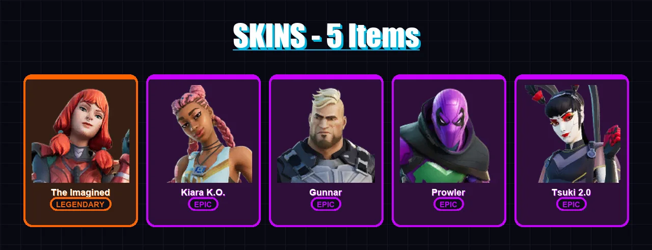 [PC/XBOX/PSN] | The Imagined | Kiara K.O. | Gunnar | Prowler | Tsuki 2.0 | 5 skin | 7 pickaxe | 7 emote | 9 glider | Lv81