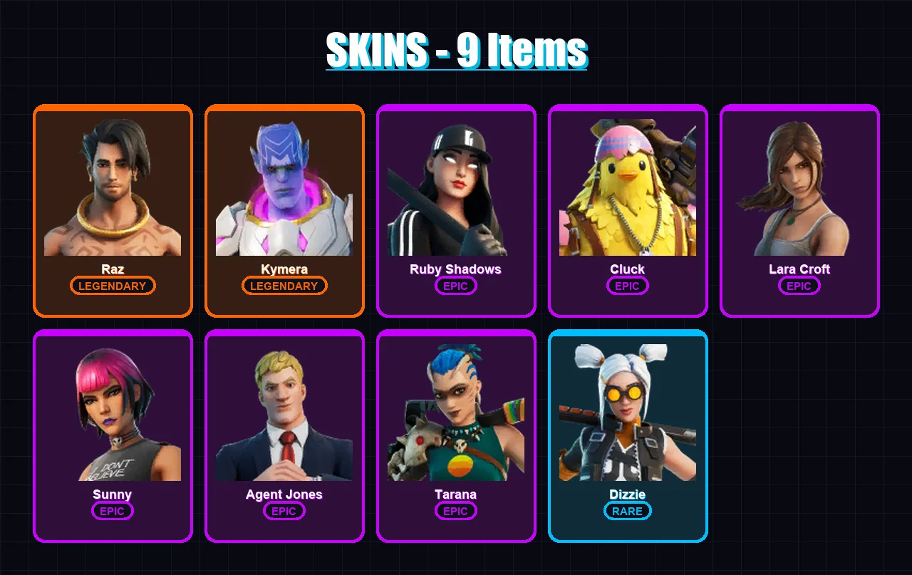 [PC/XBOX/PSN] | Raz | Kymera | Ruby Shadows | Cluck | Lara Croft | 9 skin | 12 pickaxe | 9 emote | 11 glider | Lv149